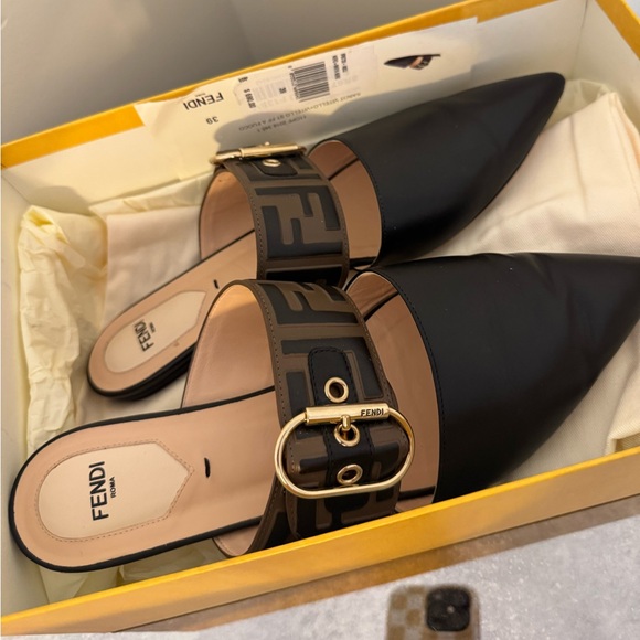 Fendi Black and Tan Leather Mules with Gold Buckle - Picture 6 of 8